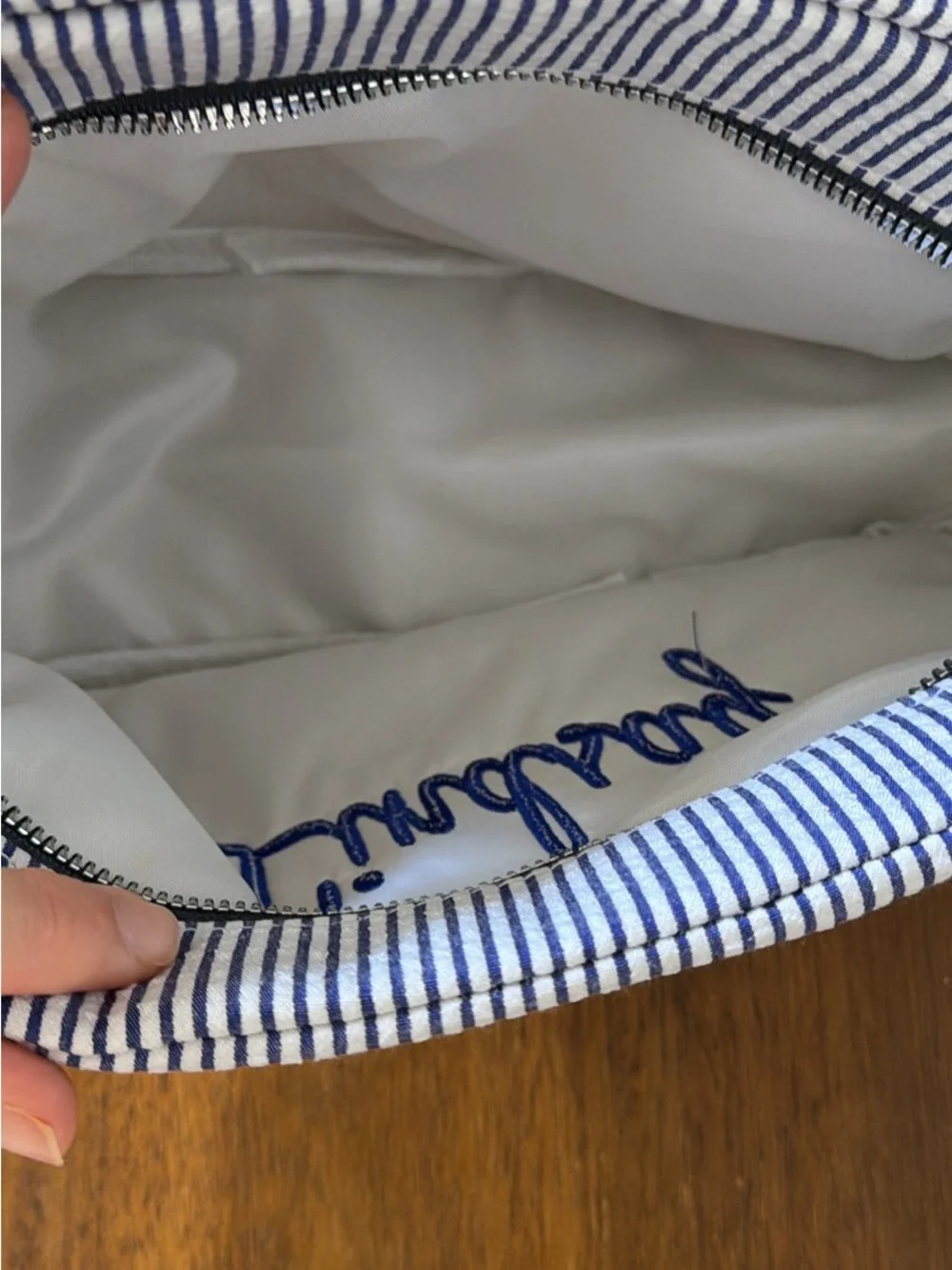 Personalized Striped Navy Toiletry Bag - Lindsay